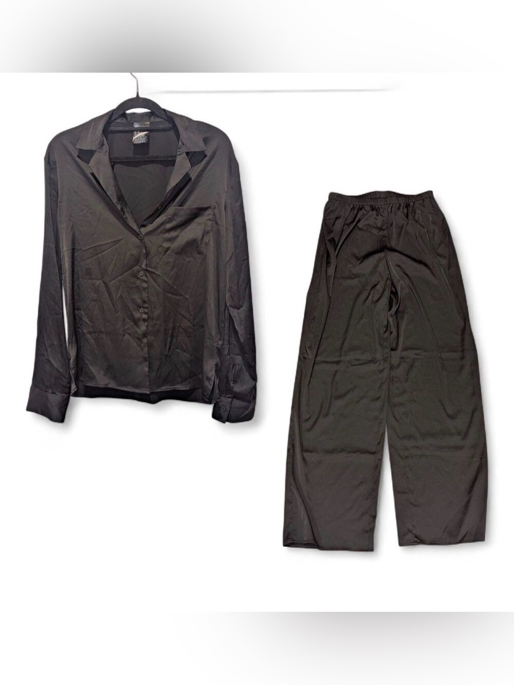 H&M Black Satin Pajama Set - Button-Up Top & Elastic Waist Pants